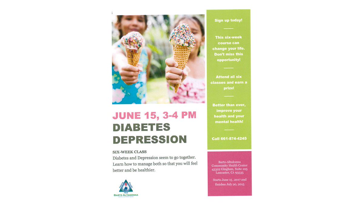 BartzAltadonna's tweet photo. Diabetes &amp; Depression 6 week class. Learn how to manage both to feel healthier and happier! June 15th, 3-4. Sign-up now! 661-874-4245 https://t.co/TMjzqTW9O0