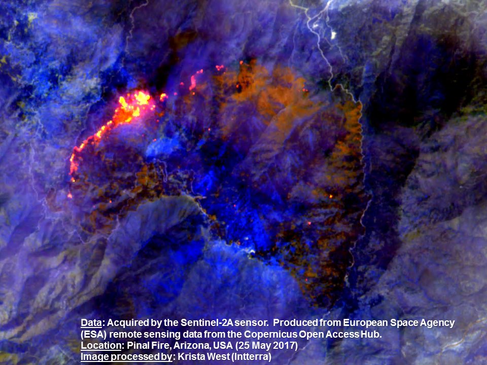 RSFireNerd's tweet photo. A larger image of the #Sentinel2 data collected over the #PinalFire in #GilaCounty, Arizona, USA (false color).  #RemoteSensing #wildfire https://t.co/JLElVRIf3K