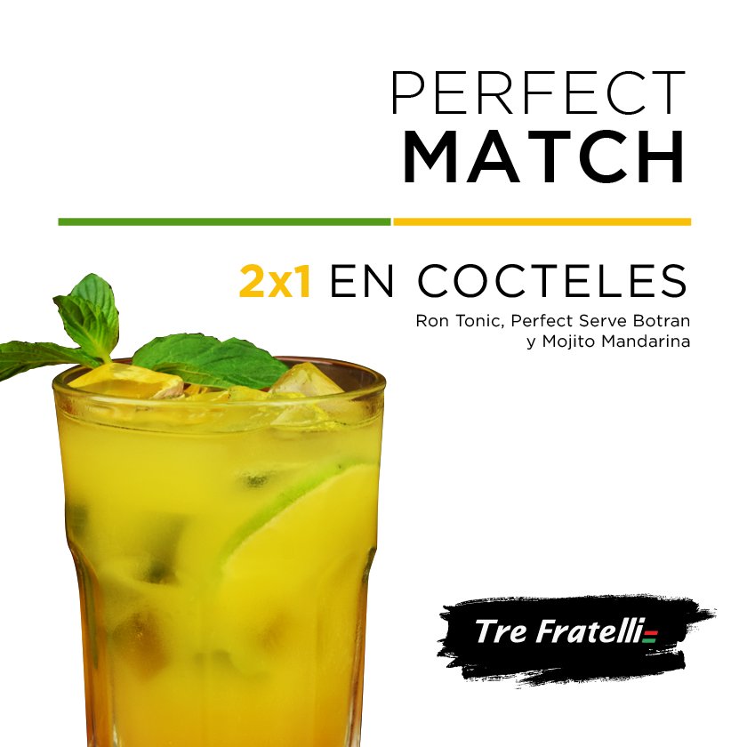 TreFratelliGt's tweet photo. La combinación perfecta de sabores llega a TreFra con nuestro 2x1 todos los días
en Ron Tonic, Perfect Serve Botran 15 y Mojito Mandarina. https://t.co/y8gxcGHi9K