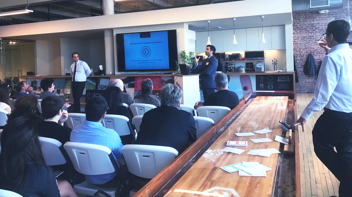 Delve_Design's tweet photo. We're talking Carbon Neutral Communities over colossal pizzas at #PhillyIoT with Adam and Don from @GreenworksPhila ! https://t.co/S7bGfNuwwN