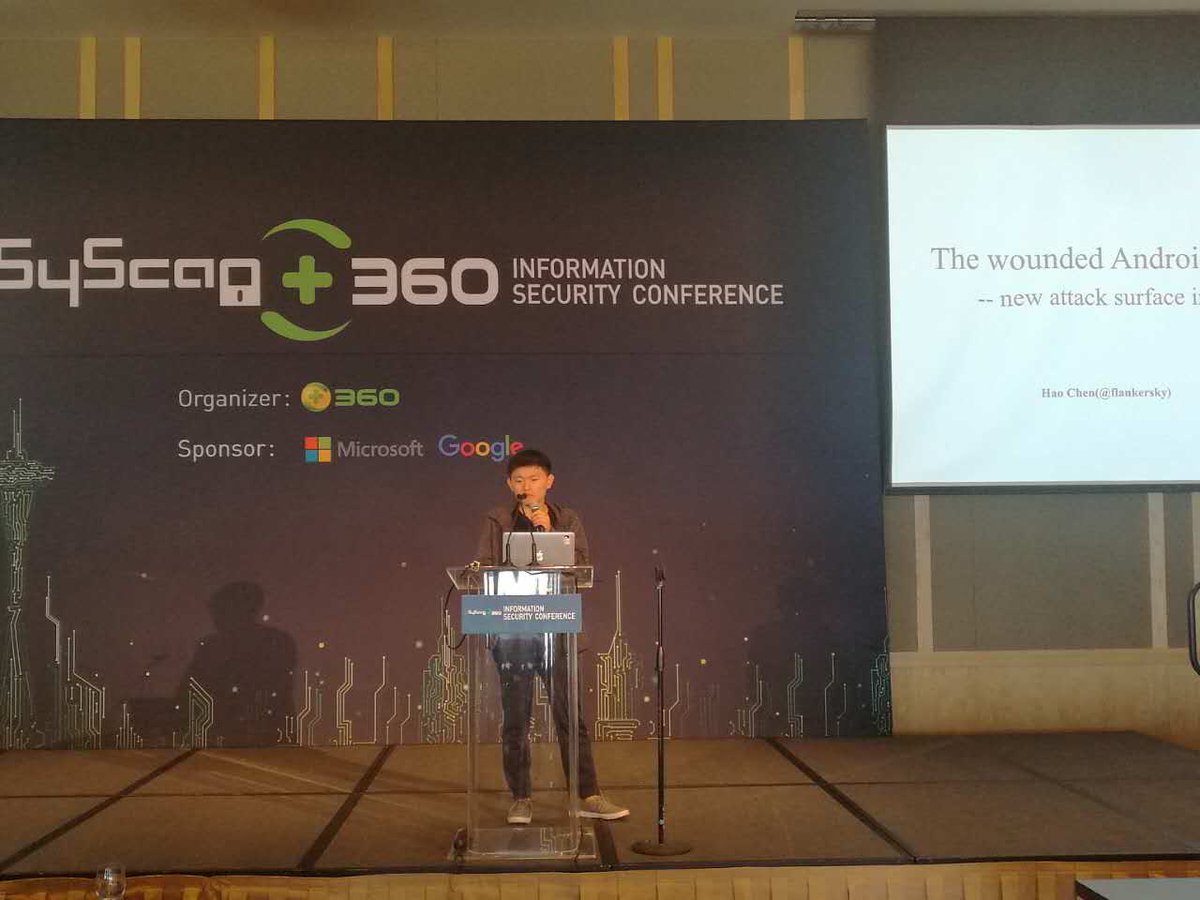 SyScan360's tweet image. Chen Hao from # 360 Alpha Team explains The wounded android WIFI driver ­ New attack surface in cfg80211 #SyScan360