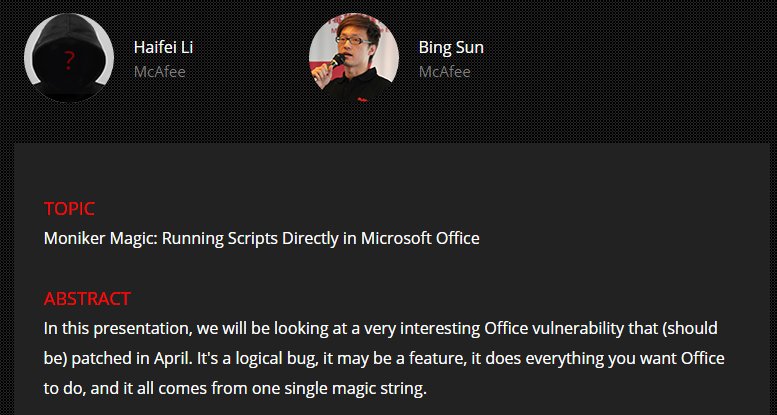 SyScan360's tweet image. Haifei Li @HaifeiLi  and Bing Sun explained today on #SyScan360 Moniker Magic: Running Scripts Directly in Microsoft Office
