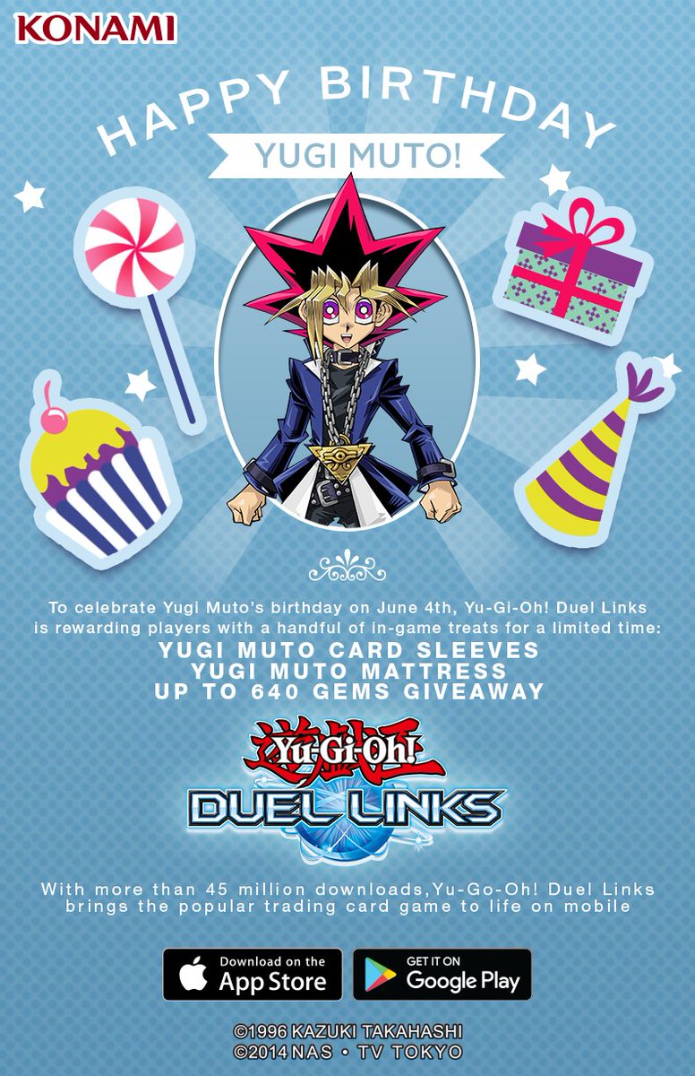 Yugi Muto's birthday on June 4th! Celebrate w/ YuGiOh! theme'd card sleeves  in Duel Links! https://t.co/KHLAsAnBif