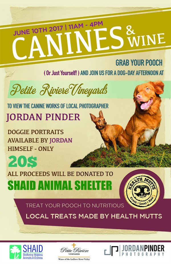 June10 local photographer #jordanpinder will be <a href="/PetiteRiviere/">Petite Rivière Vineyards ⚜️</a>  Bring your pooch to have a portrait shot by Jordan himself! #drinklocal