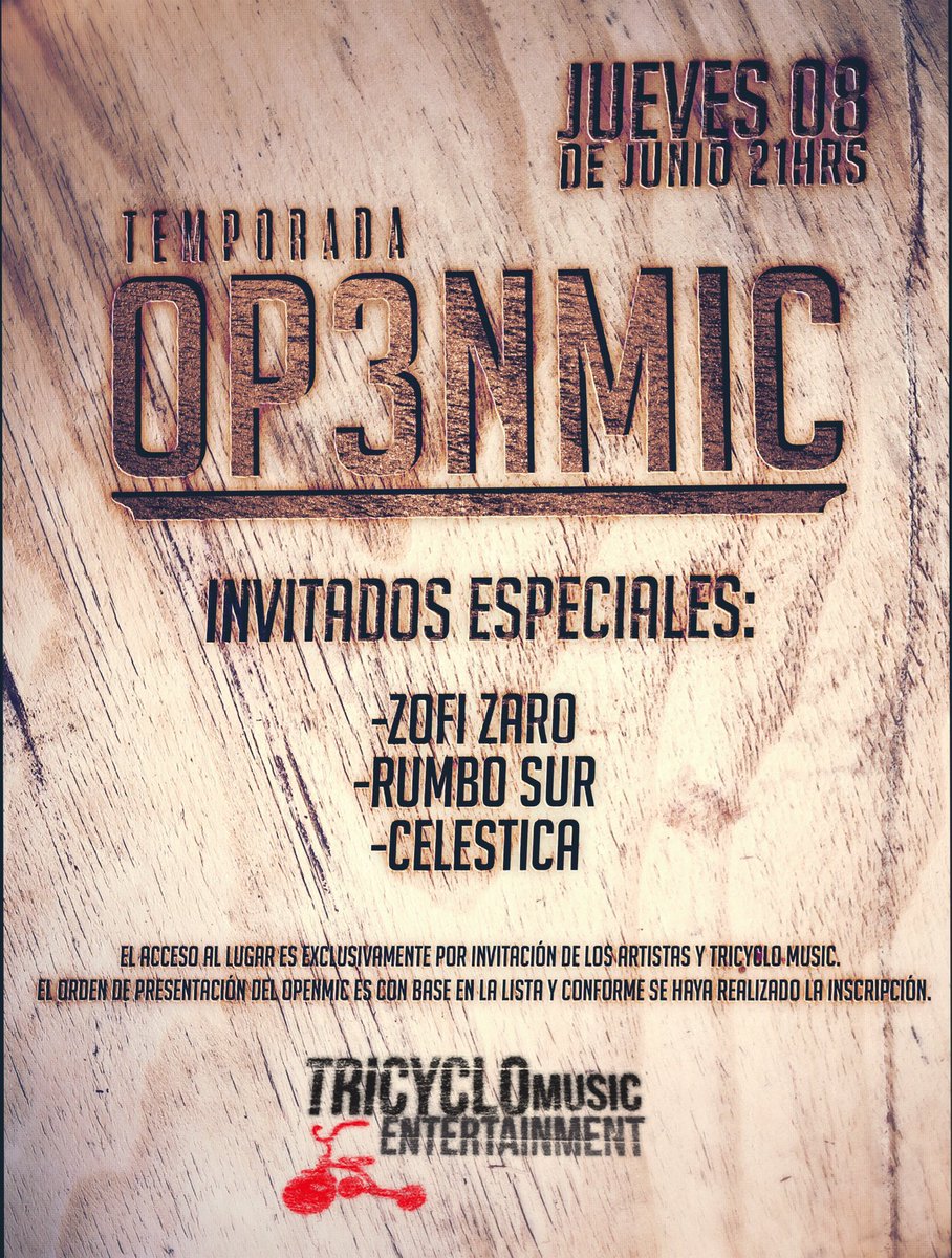 TricycloMusic's tweet photo. Jueves 8 de junio #OpenMic 

Invitados especiales 
@ZofiZaro - @RumboSurOficial - @celesticamx 

#OP3NMIC https://t.co/z1mzc13kWD