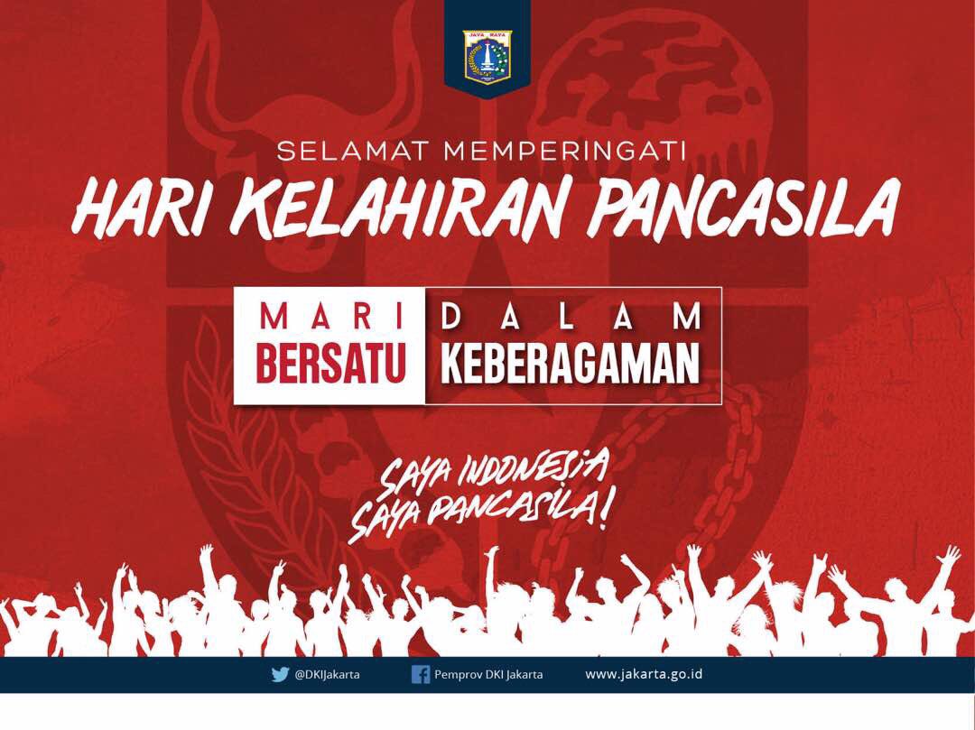 DKIJakarta's tweet photo. Selamat memperingati Hari Lahirnya Pancasila! Mari terapkan nilai-nilainya dan bersatu dalam keberagaman. #SayaIndonesiaSayaPancasila https://t.co/BYu6KMuvlv