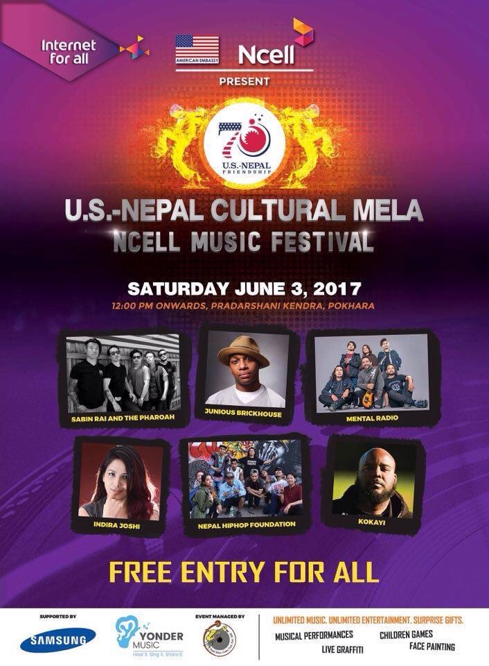 US-Nepal Cultural Mela in Pokhara

Let's celebrate 70 years of US-Nepal friendship with music, dance, graffiti &amp; more.
June 3, 12 pm onward.