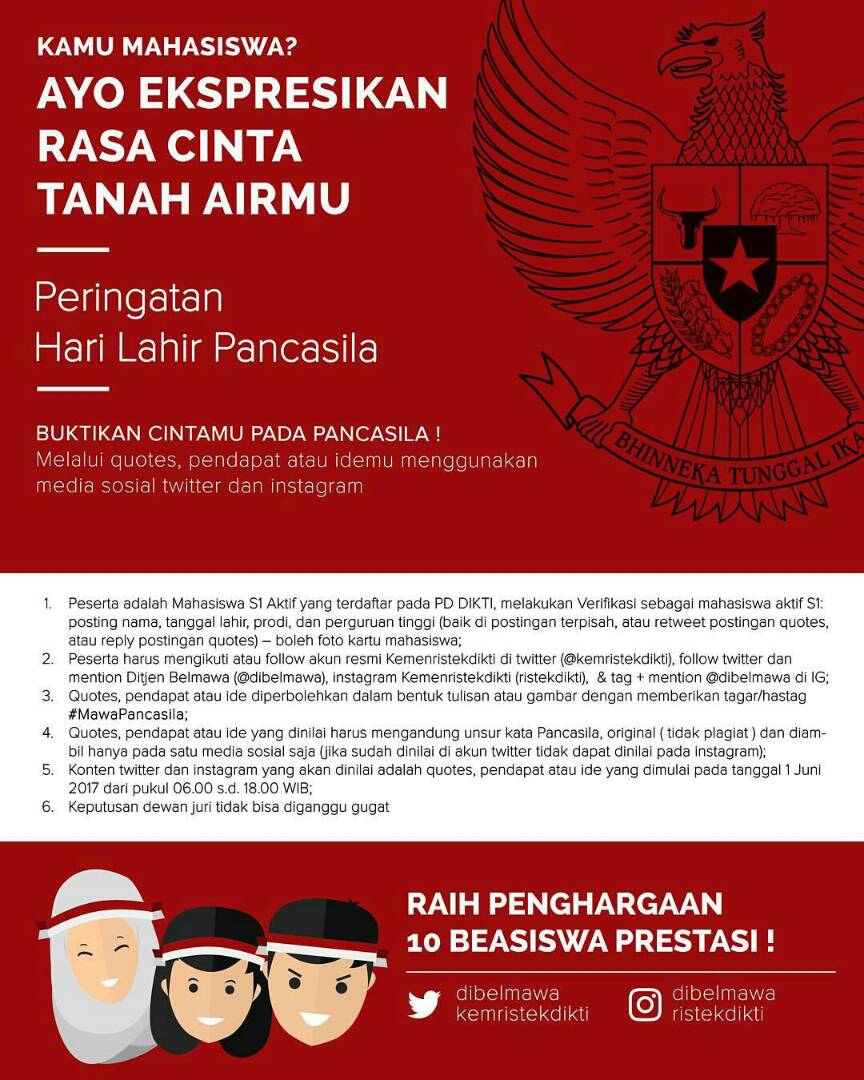 BEMFKIP_UNLA's tweet photo. Hai #SobatRistekdikti Kamu Mahasiswa?

Ayo Ekspresikan Rasa Cinta Tanah Airmu di peringatan Hari Lahir Pancasila 1 Juni 2017. https://t.co/39sxvDBGYp