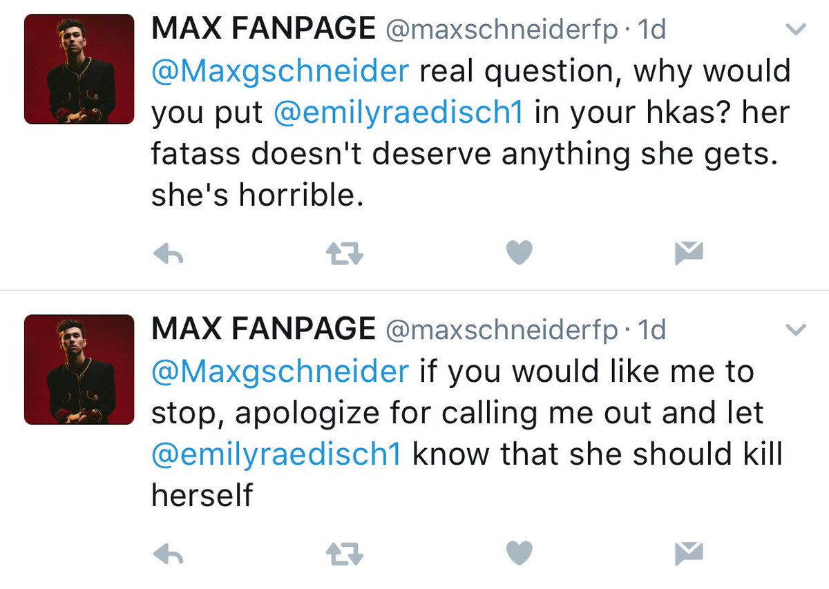 MAXMusic_HKA's tweet photo. @maxschneiderfp It is never okay to tell someone that they should kill themselves. That is just an awful thing to say. https://t.co/6KUhPNHSLK