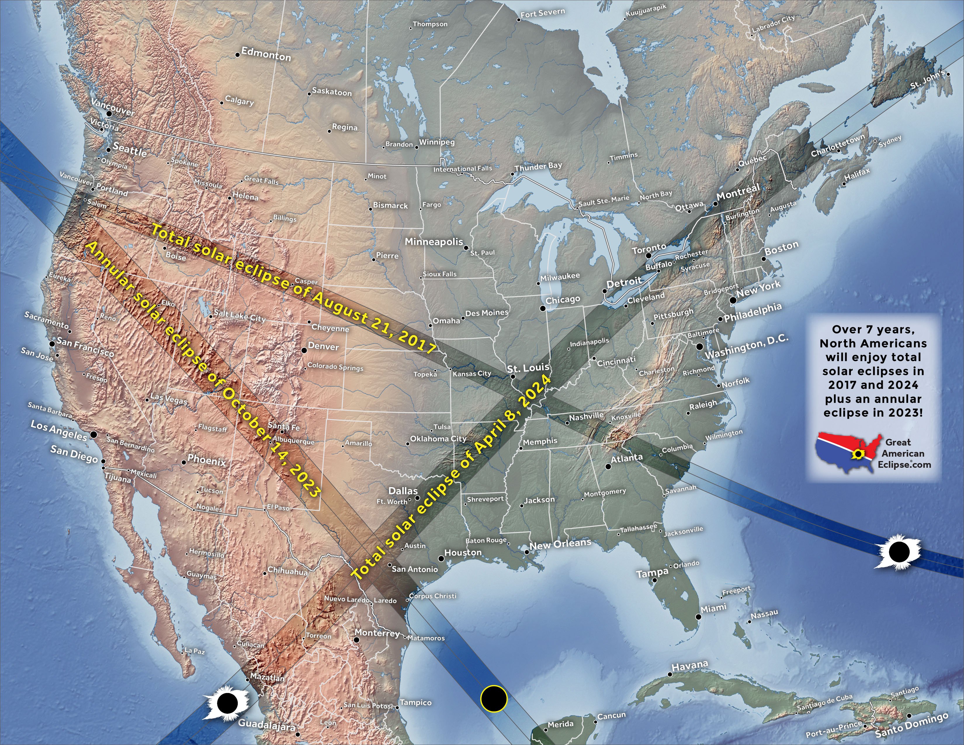 Solar Eclipse 2017 And 2024 Map Great American Eclipse On Twitter New Map 3 Central Solar Eclipses In Next 7 Years This Is The Subject Of Https T Co Jw0okskja9 Where Will You Be In 2017 2023 Amp 2024 Https T Co Vpj3ywi5ss