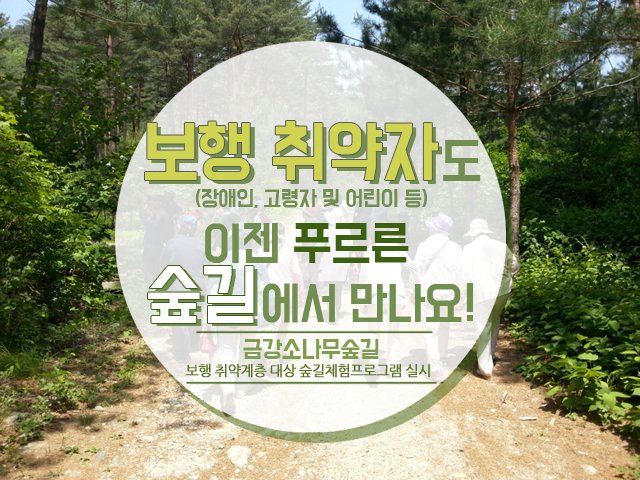 <#금강소나무숲길 보행취약자 대상 #숲길프로그램 실시> #금강소나무숲길을 체험해보고 싶었지만 보행상의 어려움으로 탐방이 힘든분들을 위한 프로그램이 마련됐습니다. 이젠 그 상쾌함을 많은분들이 누릴수 있을것같아요▶bit.ly/2rlYjCw