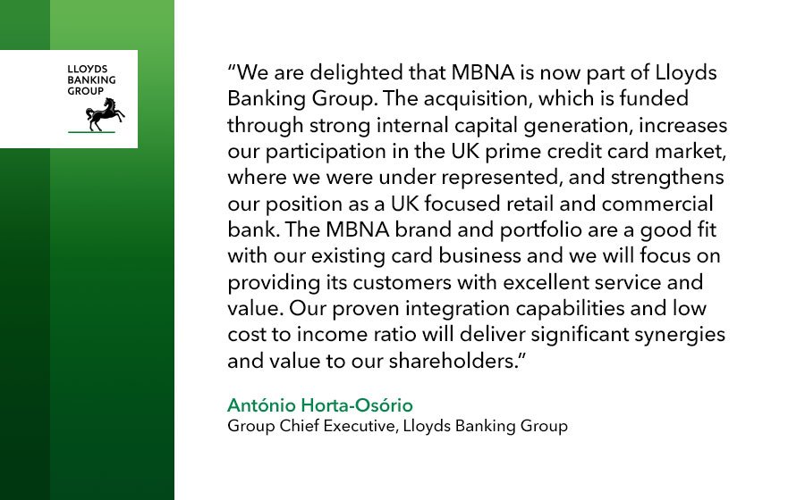 LBGplc's tweet photo. #BREAKING Today the Group is pleased to announce it has successfully completed the acquisition of @MBNA https://t.co/Y9DoFbvlTS #LLOY $LLOY https://t.co/ymPmcttRTF