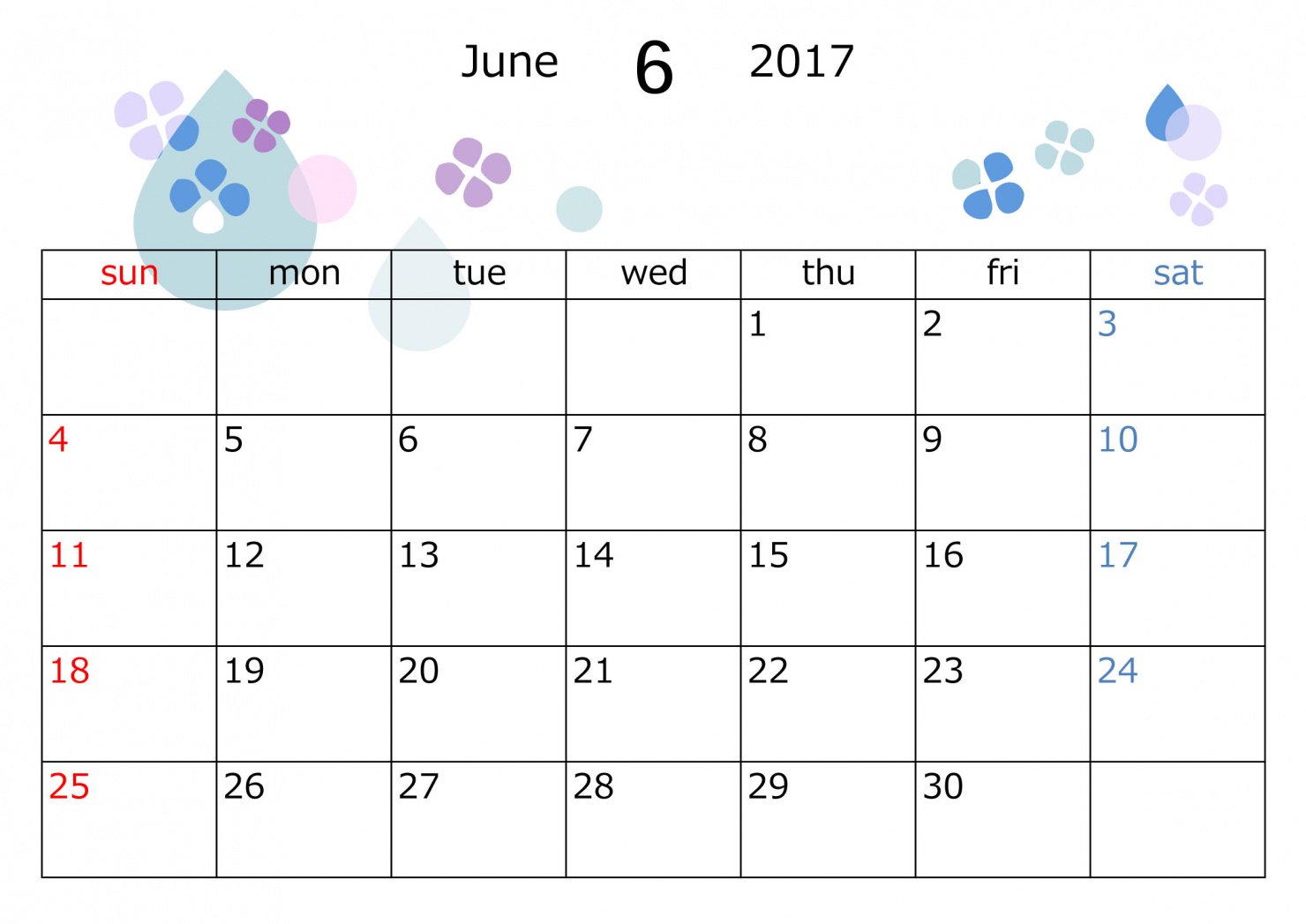 Twitter 上的 イラストボックス T Co I3w1jjfrgn 17年度のカレンダー素材です ａ4サイズで印刷できる横型のタイプを作りました イラストボックス 6月 6月カレンダー 17年6月カレンダー カレンダー素材 印刷 無料イラスト イラスト無料