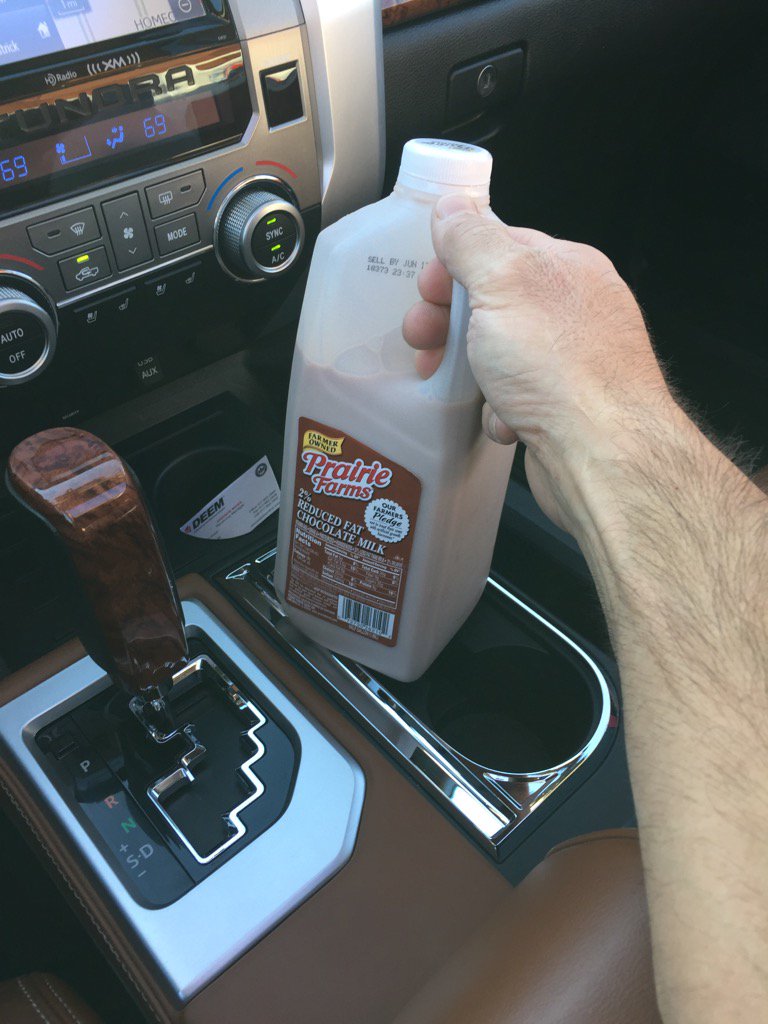 billwestrick's tweet photo. I definitely need a bigger cup holder 😂 #tundraproblems #milkdoesabodygood https://t.co/kE7BrBFXNo