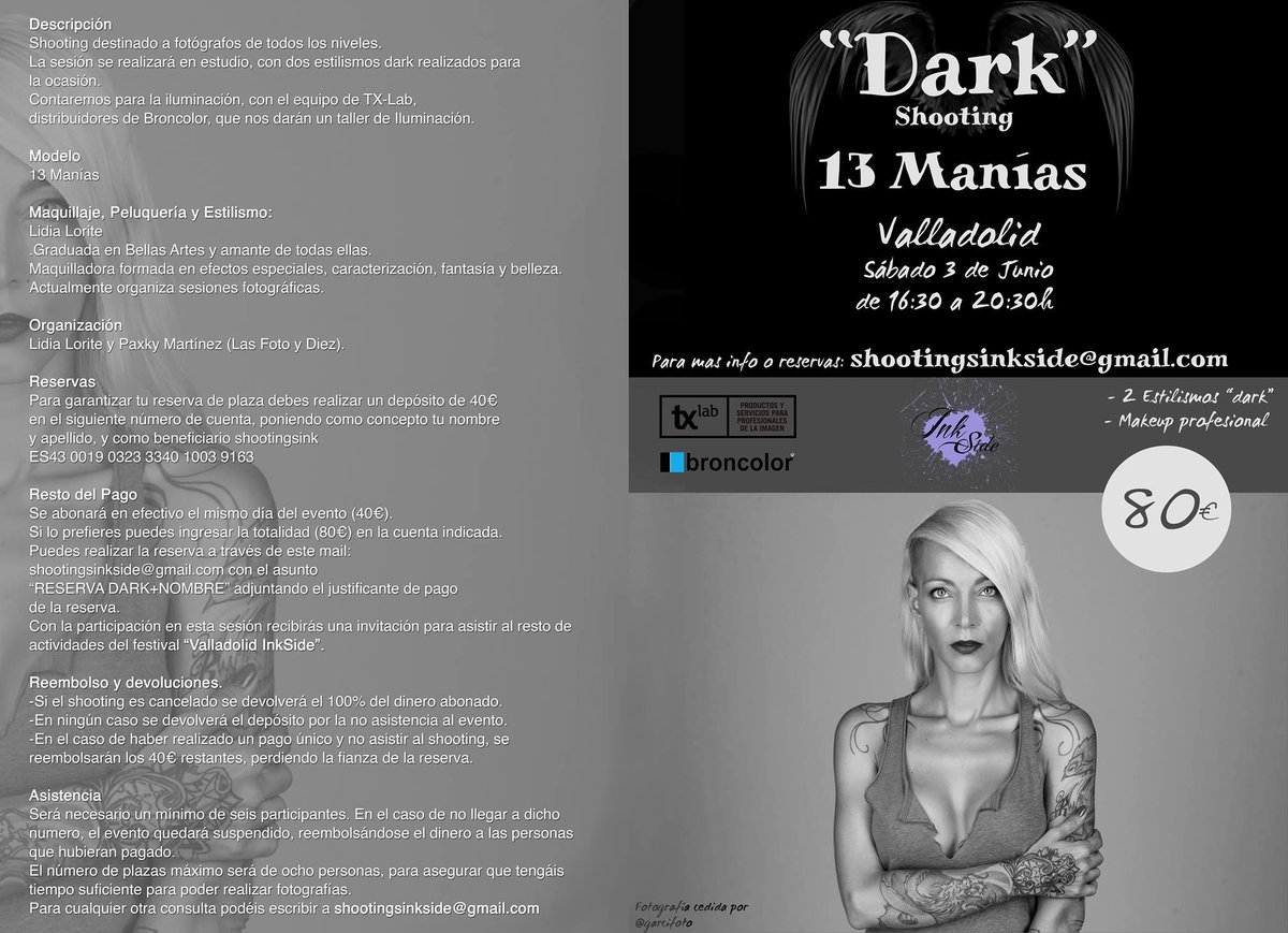 inkside_va's tweet photo. ¡Apúntate a las sesiones de Shooting de #InkSideFest!
El sábado de 16:30 a 20:30h "Dark shooting" con @13manias_.
¡Nos vemos con la cámara! https://t.co/y7KZitxxF9