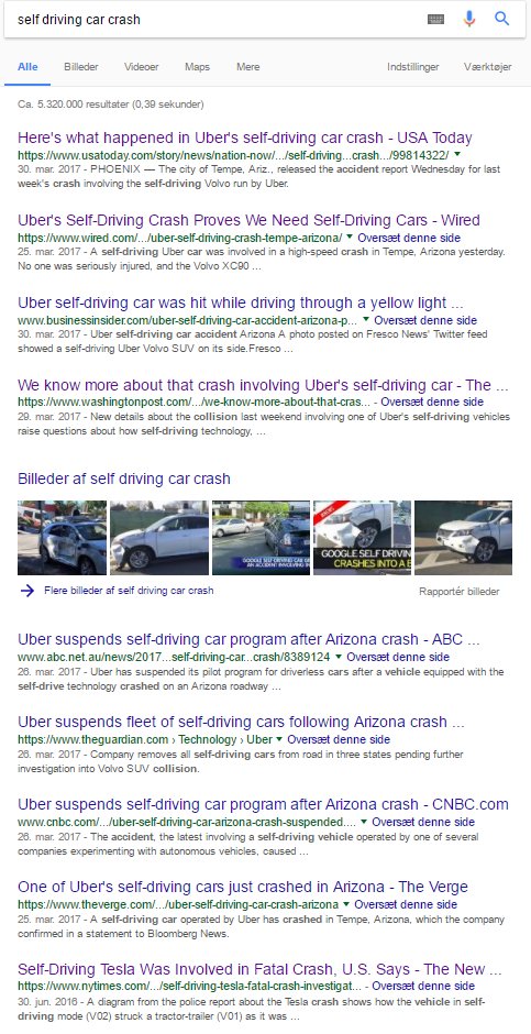 lindtoft's tweet photo. Google-søgning på 'self driving car crash' er proppet med Uber-resultater. Første hit på Google-ulykken er på side 4 #dkmedier #GooglePower https://t.co/ziFuzl4FKB