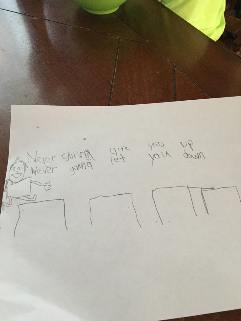 Goongela's tweet photo. Lil' cub drew me a picture of himself running the hurdles & he "Rick-Rolled" me at the same time!
#MuchNeededLaughter https://t.co/KTvN1sZ8FG
