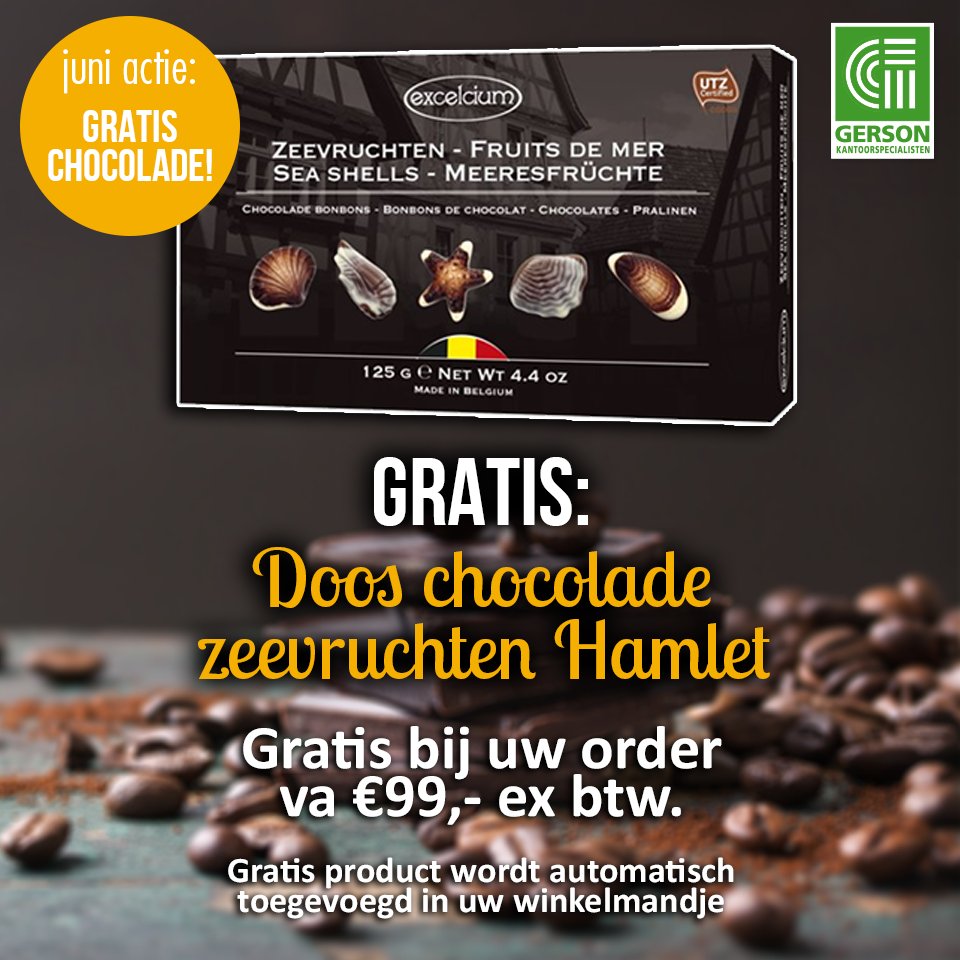 JUNI Maand Actie: Gratis Chocolade! :)
Gratis Doos Chocolade Zeevruchten bij uw webshop order vanaf €99,- ex btw. #chocolade #actie #zwolle