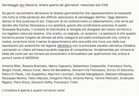 francescotriolo's tweet photo. Salvataggio Acr Messina, lettera aperta dei giornalisti messinesi alla città. Sottoscriveranno abbonamenti da destinare ad indigenti https://t.co/4UFVpCVKKE
