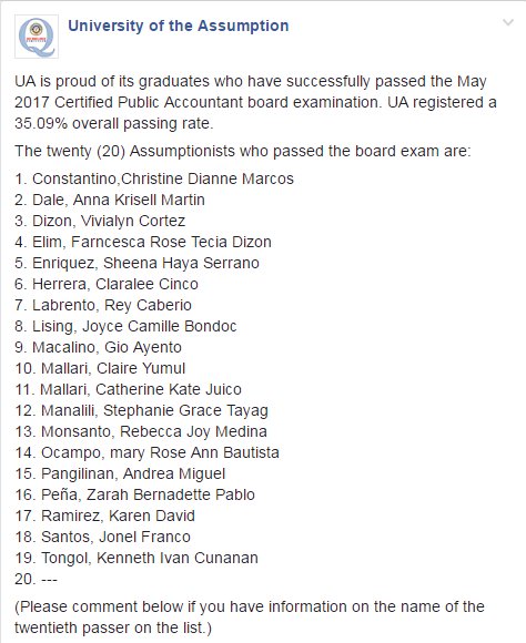 UA_Pampanga's tweet photo. Here are the names of our new CPA's!
Hail Assumption!
#CPAMAY2017 https://t.co/FiGdgxPefQ