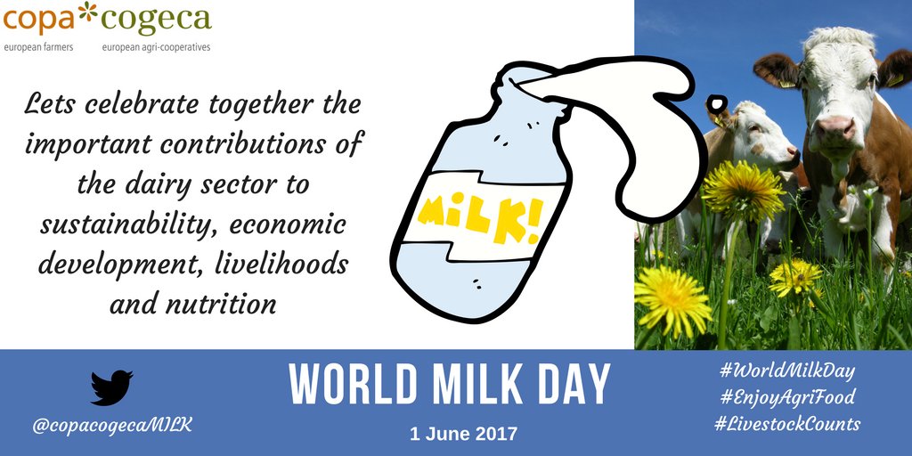copacogecaMILK's tweet photo. #WorldMilkDay 🐮 2017
There are so many important contributions of the #dairy sector to celebrate today! Raise a glass 🥛 and thank a farmer! https://t.co/AbP8OEwTlF