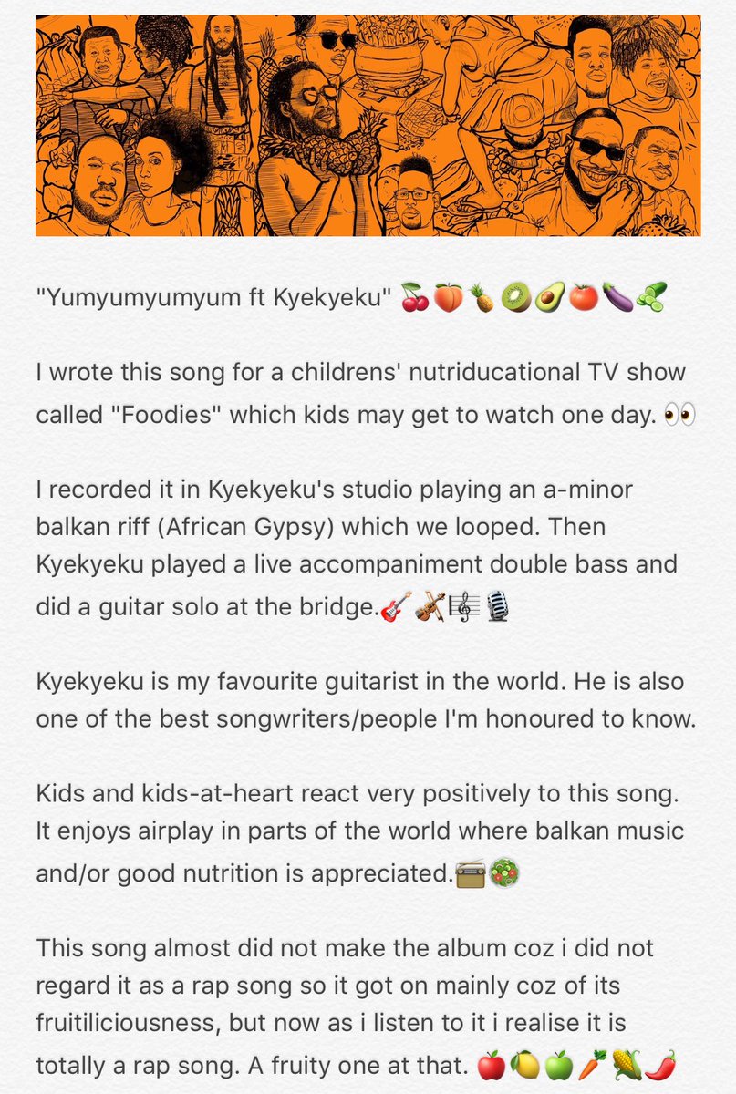 wanlov's tweet photo. Trk 10 "Yumyumyumyum ft @kyekye_ku " is a nutriducational fruity fun balkan rap song #OrangeCard #FruitopianRaps ๐๐ค
https://t.co/I69fWAerlw https://t.co/I4HcG7V0Bg