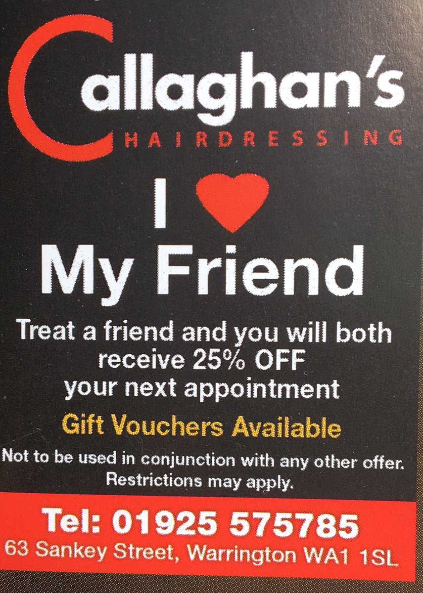 Refer a friend &amp; both get 25 per cent off your next appointment <a href="/Callaghanshair/">Callaghanshair</a> #hairdressing #warrington