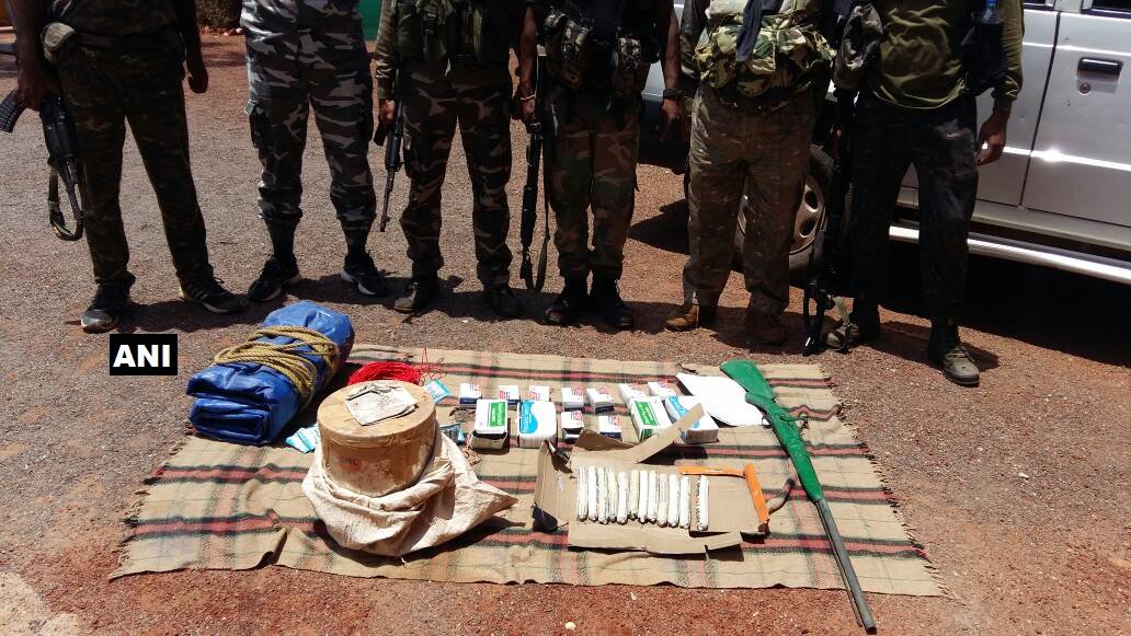 ANI's tweet photo. Chhattisgarh: Naxal camp busted by security forces in Kudhur- Deepakodenar area of Bastar. Explosives, IEDs and one rifle recovered. https://t.co/6paZInq3hI