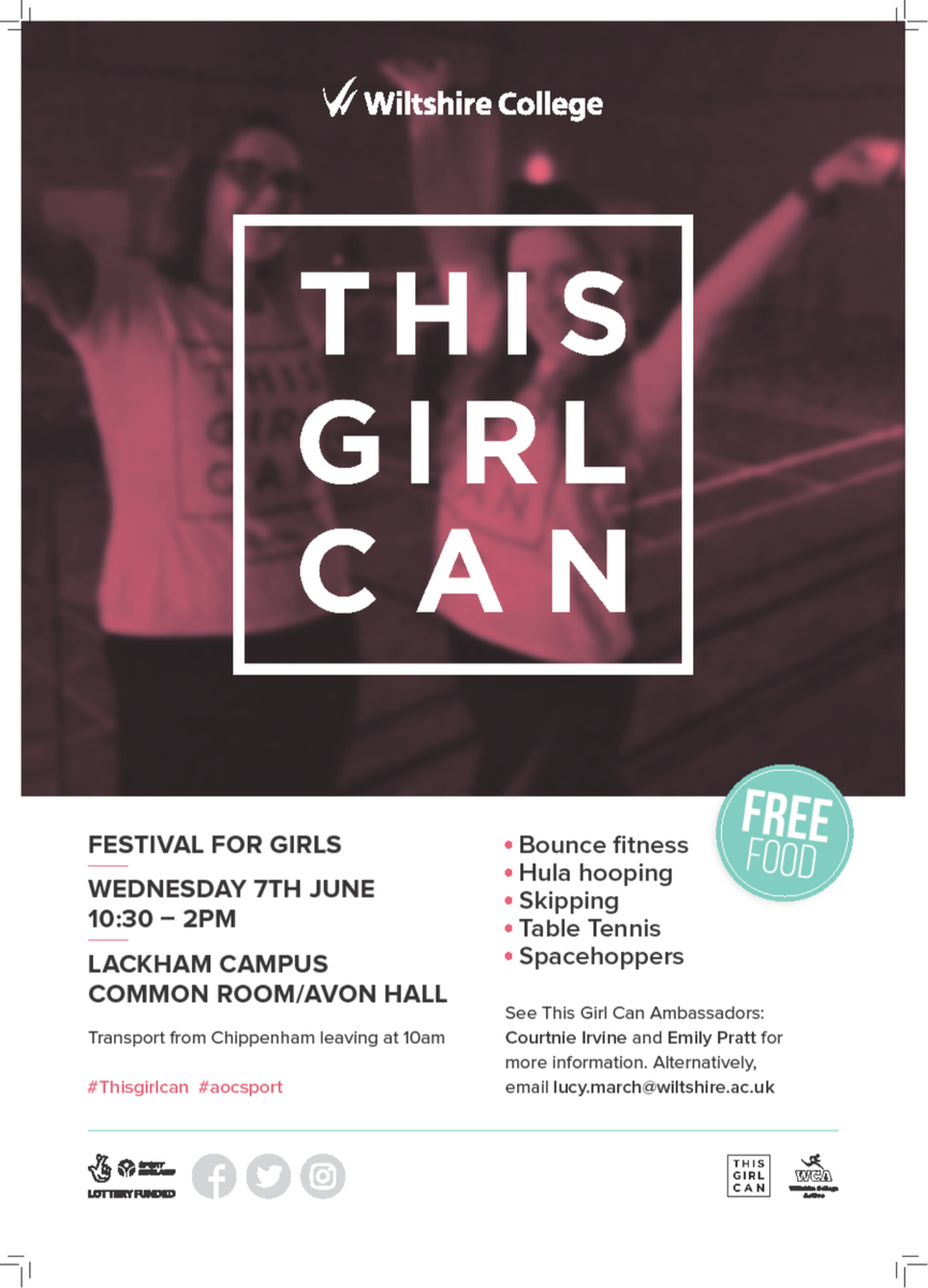 StudentLifeCH's tweet image. Be sure to pop over to Lackham for our #thisgirlcan festival, Weds 7th June, our Ambassadors have been working hard for this! #WCA
#aocsport
