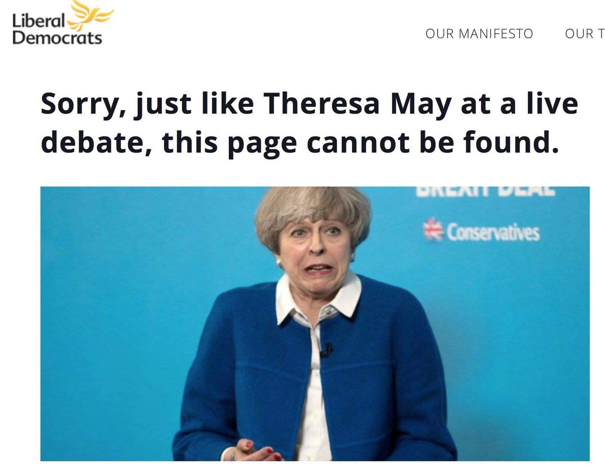 nyethompson's tweet image. Loving the Lib Dems new 404 page #SickBurn #TheresaMay