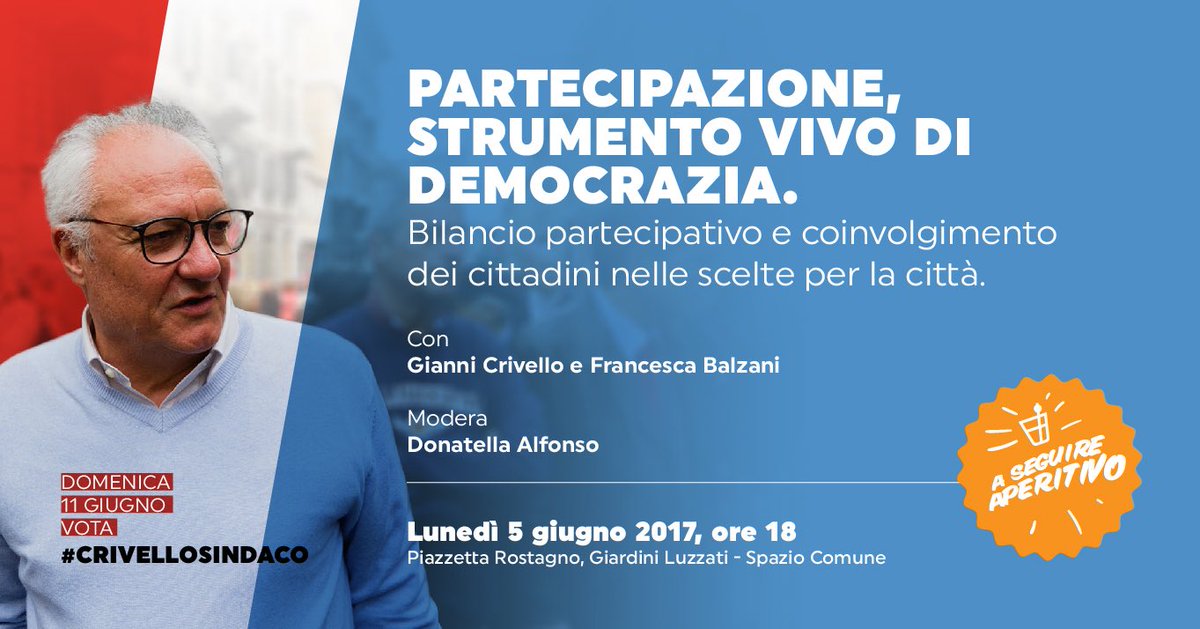 Balzani_F's tweet photo. Partecipazione, forza e vitalità della democrazia. Lunedì incontro con #crivellosindaco @GiardiniLuzzati ore 18 https://t.co/idtEE0dWJa