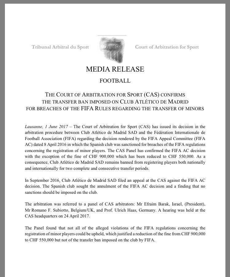 laurasportslaw's tweet photo. Court of Arbitration for Sport upholds Atletico Madrid's transfer ban but reduces fine from CHF 900,000 to CHF 550,000 https://t.co/2OgB2AKeN6
