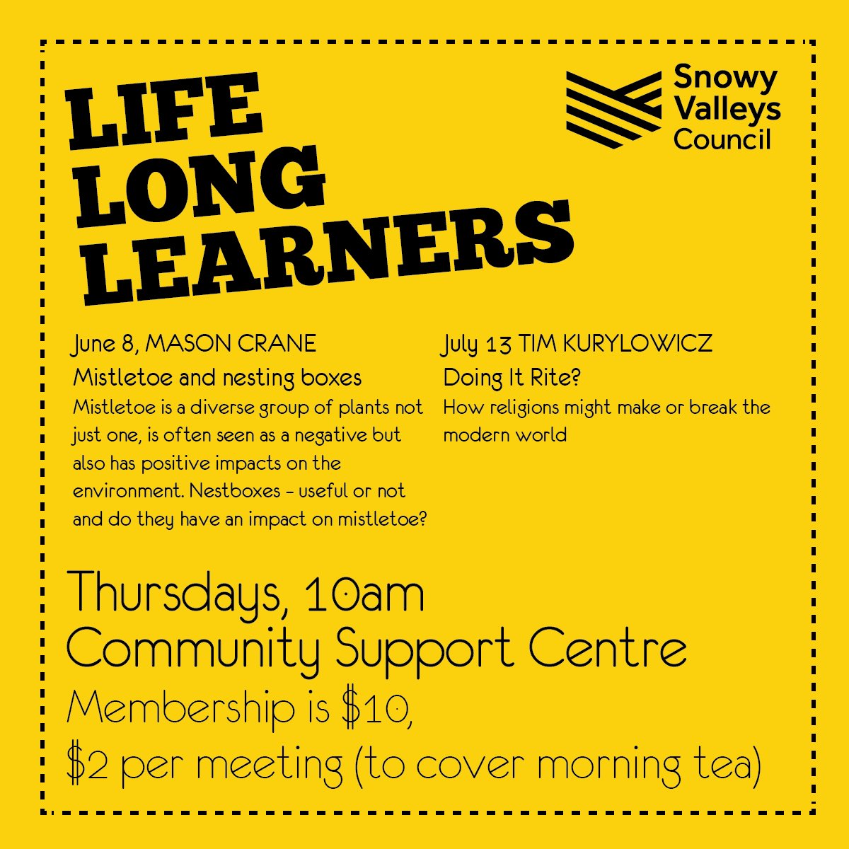Join the June session of Life Long Learners next week on Thur 8 June at 10am.