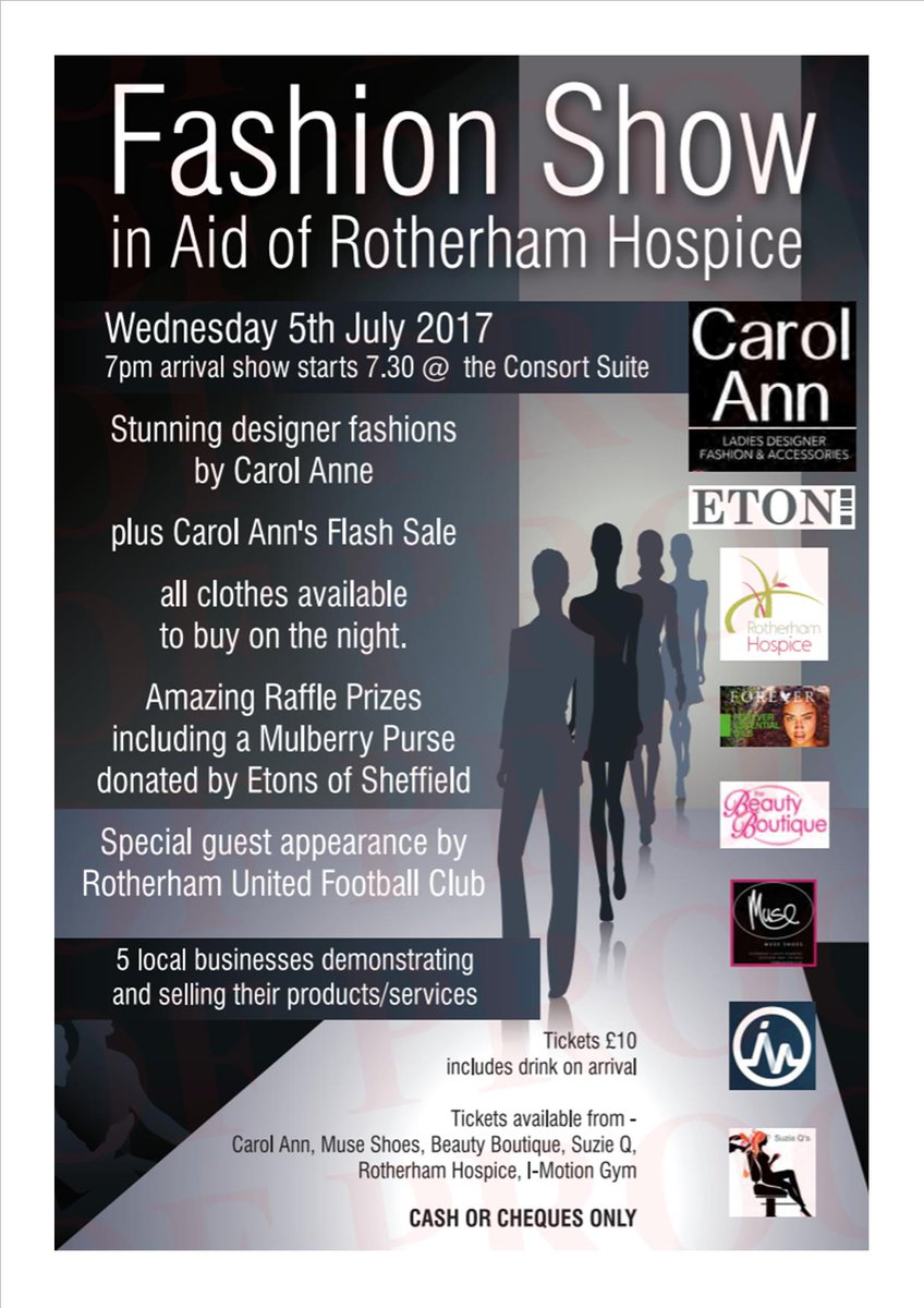 RotherHosp's tweet photo. Fashion show coming up in support of Rotherham Hospice. Thank you to all involved. Come along on the 5th July at 7pm https://t.co/j4U69LWabA