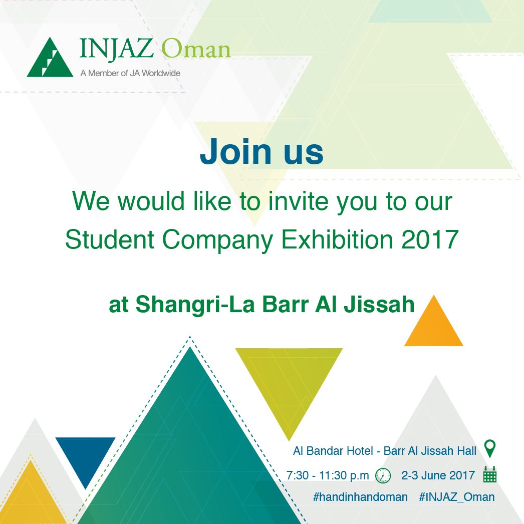 Injaz_Oman's tweet photo. Join us at the Student Company Exhibition to support innovation, improvement and growth of our students ..
#handinhandoman #injaz_oman https://t.co/pkQNLF0TBa