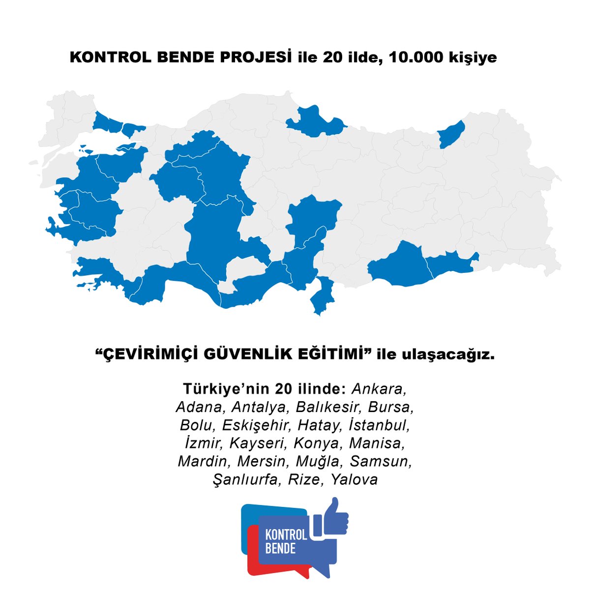 Herkesin "Kontrol Bende" diyebilmesi için 20 ilde, 10.000 kişiye çevrimiçi güvenlik eğitimi ile ulaşacağız.