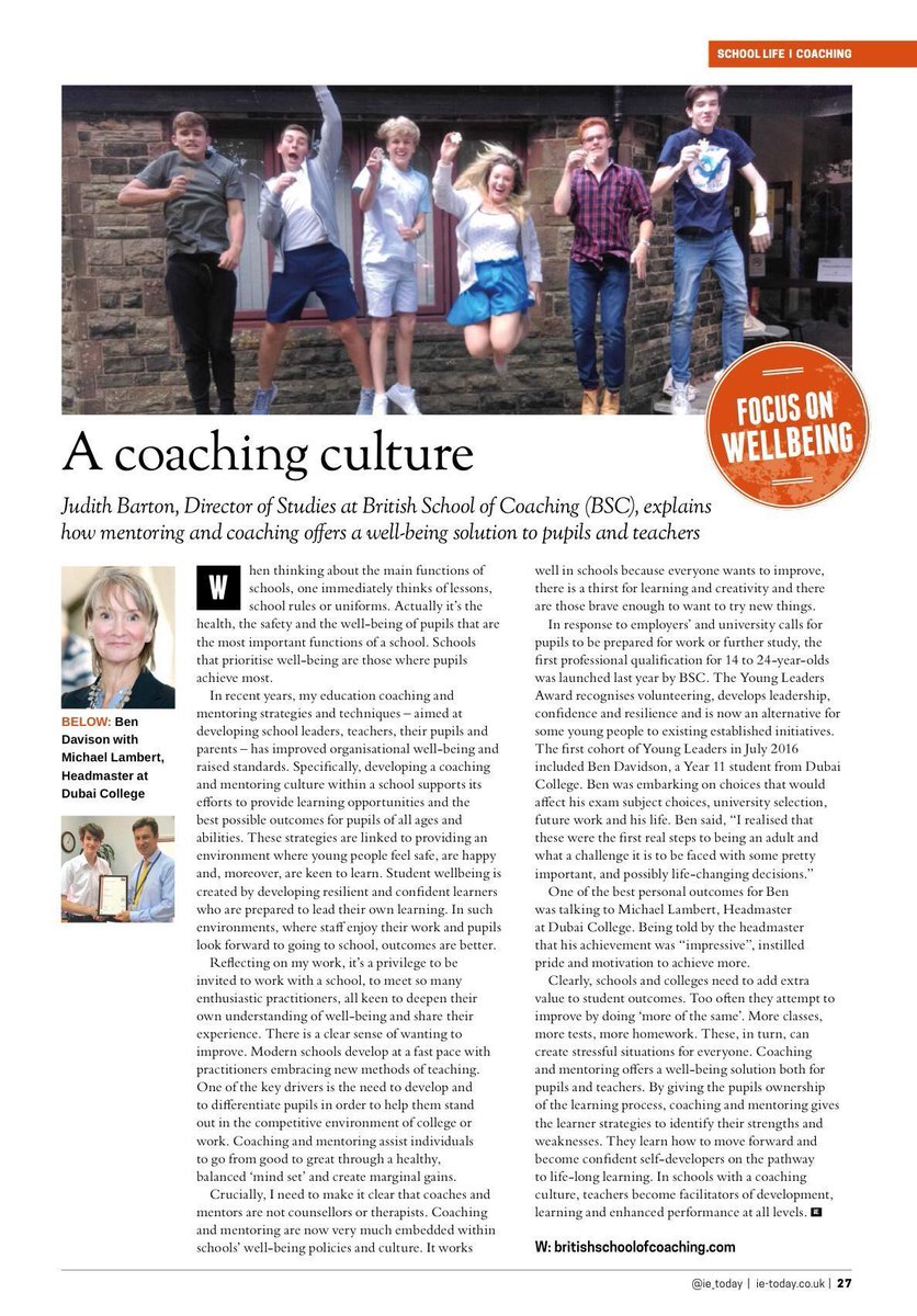 bsc4coaching's tweet photo. Wellbeing in Schools - a coaching culture. Our feature in the June issue of @IE_Today (pg 27)
#bscwellbeing #bsceducation #bschomeofcoaching https://t.co/nu9ZqA2kxX