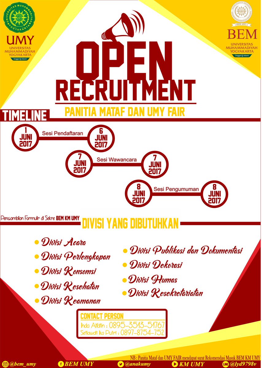 Open Recruitmen panitia Mataf dan UMY Fair. Info lebih lengkap bisa dilihat di ig <a href="/bem_umy/">BEM UMY</a> biar jelasnya, atau di bem.umy.ac.id/mataf-dan-umy-…