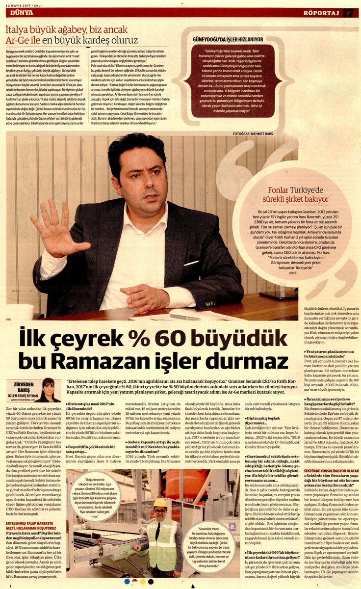 2017 yılı ilk çeyreğinde %60 büyüdük. Planlarımız dahilinde hızımızı kesmeden yolumuza devam ediyoruz. #graniserseramik #fatihkorhan