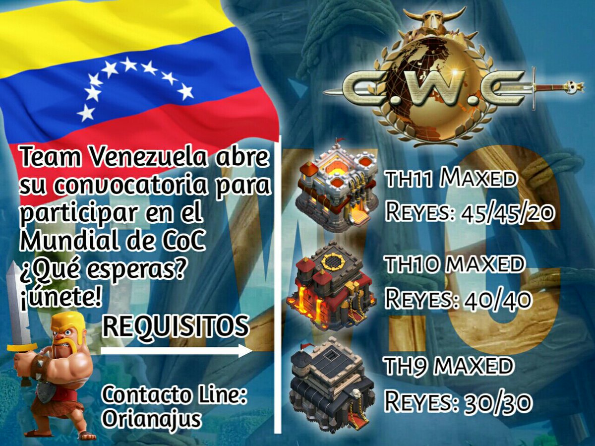 Venezuela_CWC's tweet photo. Clashers Venezolanos que deseen representar su Team 🇻🇪 en el Mundial de Clash of Clans, iniciamos convocatoria para su preselección‼️Únete‼️ https://t.co/5JfvyZKdWB