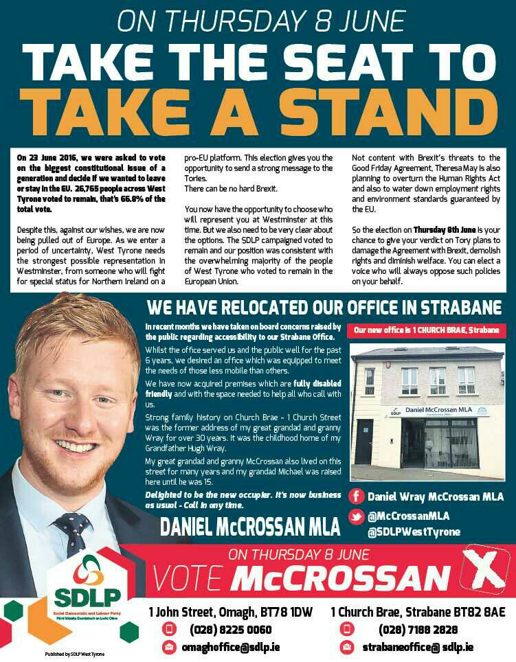 SDLPWestTyrone's tweet photo. On Thursday 8 June West Tyrone needs strong representation. TAKE THE SEAT TO TAKE A STAND. Vote @SDLPlive @McCrossanMLA #GE2017 #WTY17 https://t.co/SGLCcYvy6I