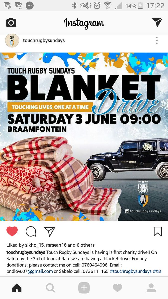 Thabz_Sibiya's tweet photo. Our 1st Charity drive! Follow @trsundays on twitter and @touchrugbysundays on IG #TouchRugbySundays #TRS https://t.co/5fLMwJYZYN