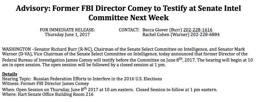 It's happening! Comey to testify publicly at Senate Intel next Thursday.