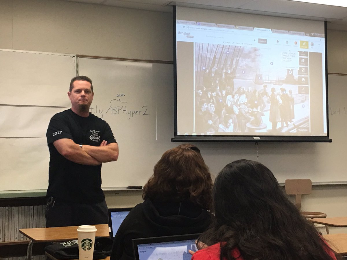 Teachers learning from the incomparable "Stone Cold" <a href="/prayerpaladin/">Derek J Marshall</a>, presenting on <a href="/ThingLink/">ThingLink</a> #bptechacademy