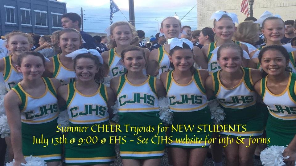 CoppinvilleJR's tweet photo. CJHS Summer Cheer Tryout Info is on the CJHS website! This is for NEW STUDENTS. Tryout date is July 13 @ 9:00 @ EHS #CJHCheer https://t.co/tHyY1R3Osq