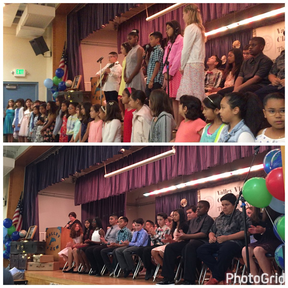 DuarteUSDEdServ's tweet photo. Principal Margaret Rasmussen speaking to the VV 6th graders. The VV Glee Club Directed by Ms. Brakebush singing "On the Loose" @duarteusd https://t.co/lxtG4XAWJw