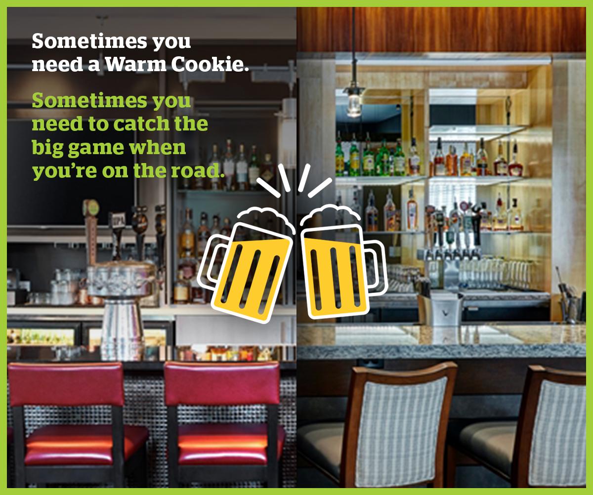 DoubleTree's tweet image. Sometimes you need a Warm Cookie. Sometimes you need to catch the big game when you’re on the road. bit.ly/2rfyIdK