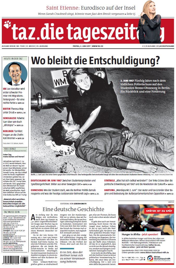 lukaswallraff's tweet photo. #tazeins am 2. Juni mit Rückblicken, historischen Fotos auf allen Seiten und einer Forderung auf Seite 1 @tazgezwitscher #2Juni67 @gereonas https://t.co/RkUHSUZEAS