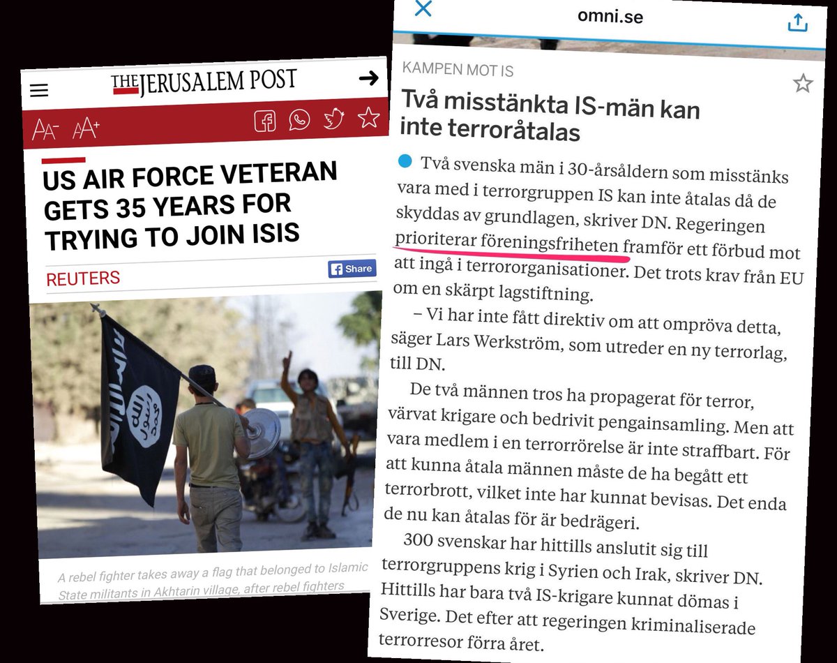 Angående medlemskap i IS

- USA: straffbart... 35 år i fängelse. 
- Sverige: lika straffbart som medlemskap i scouterna... dvs inte alls.