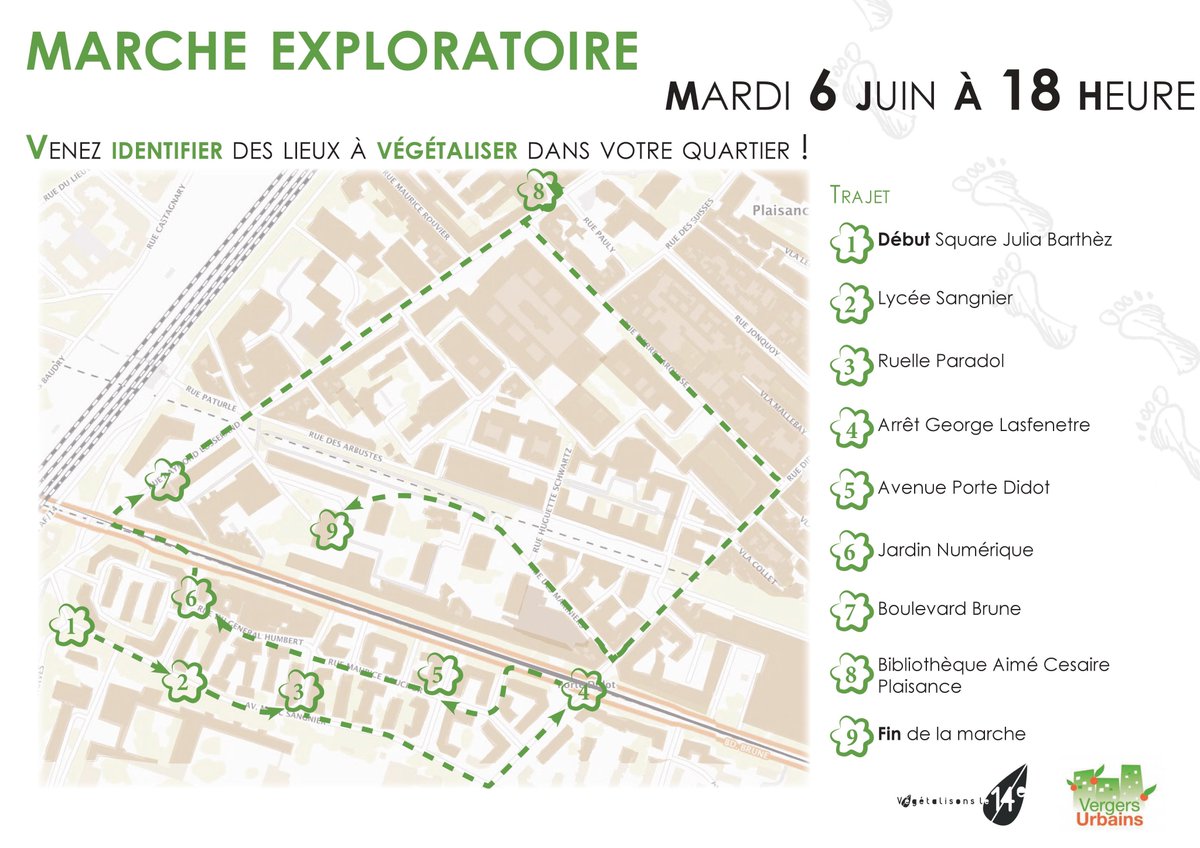 Le 6 juin : une marche exploratoire dans le quartier Porte de Vanves pour identifier les lieux à végétaliser 😍. Avec <a href="/ProjetVU/">Association Vergers Urbains</a>
